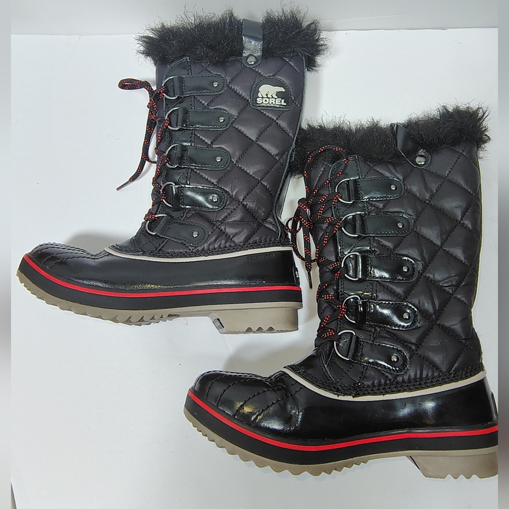 Sorel Women Tofino Cate black waxed canvas leather upper Faux Fur Snow Boot Sz 7